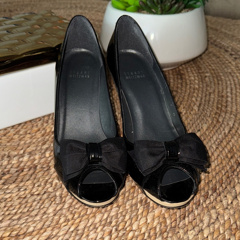 Stuart Weitzman Black Bow Peep-Toe Heels